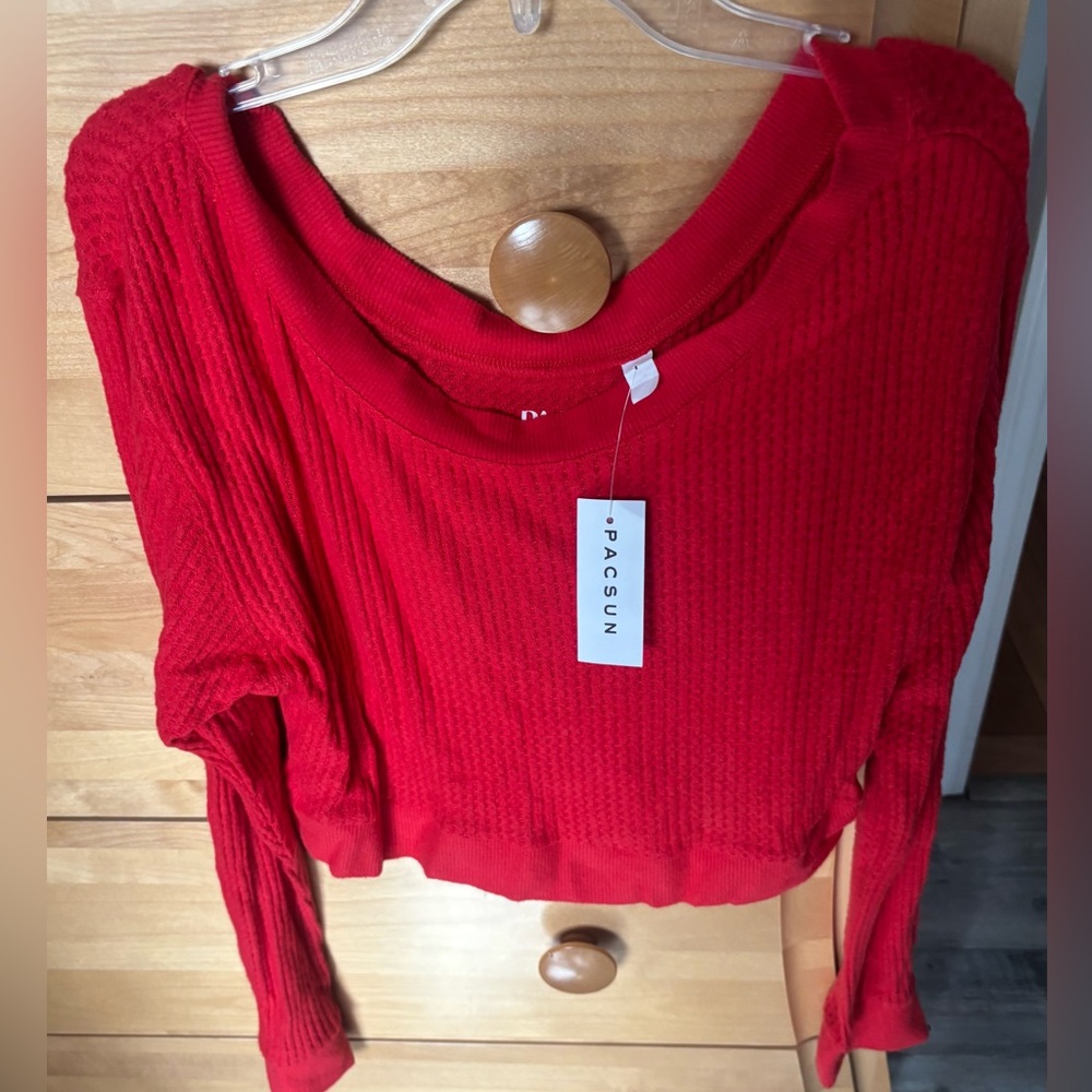 PacSun Red Waffle-Knit Long Sleeve Crop Top